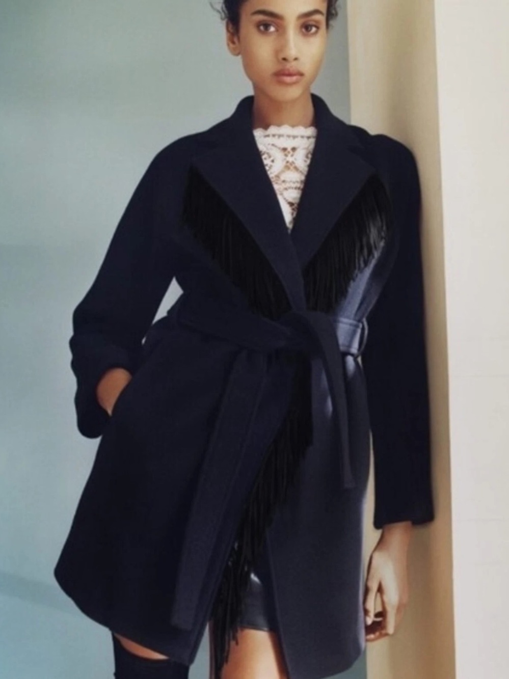 Maje Gypso Navy Wool Blend Fringe Belted Wrap Coat NWOT small Western Designer